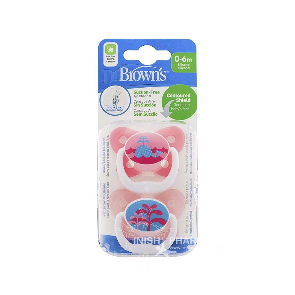 Dr Browns Prevent Orthodontic Silicone Soother Pink 0-6 Months 2 Pack