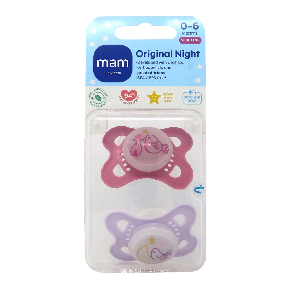 Mam Original Night Silicone Soother 2 Pack 0-6 Pink Lilac