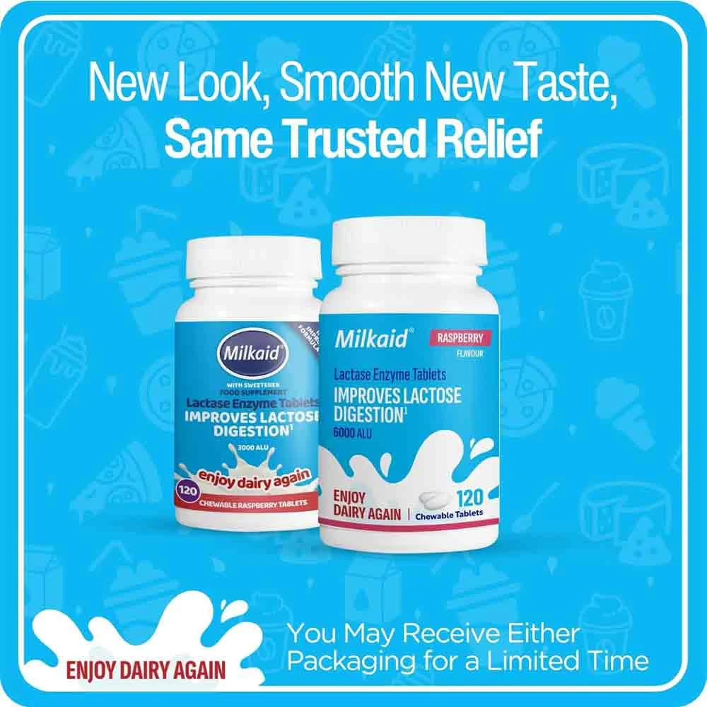Milkaid Lactase Enzyme Tablets Raspberry Flavour 120 Pack - Image 2