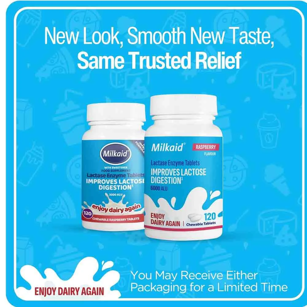 Milkaid Lactase Enzyme Tablets Raspberry Flavour 60 Pack - Image 2