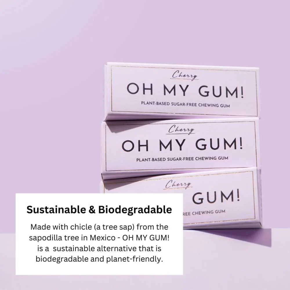 Oh My Gum! Cherry Flavoured Plant Based Chewing Gum 10 Pieces - Image 4