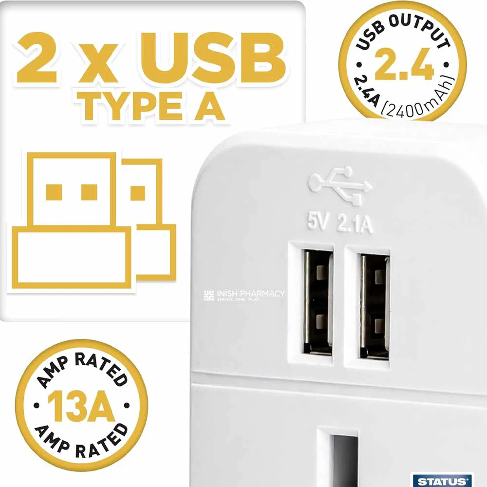 Status Intercontinental Travel Adaptor With 2 x USB - Image 3