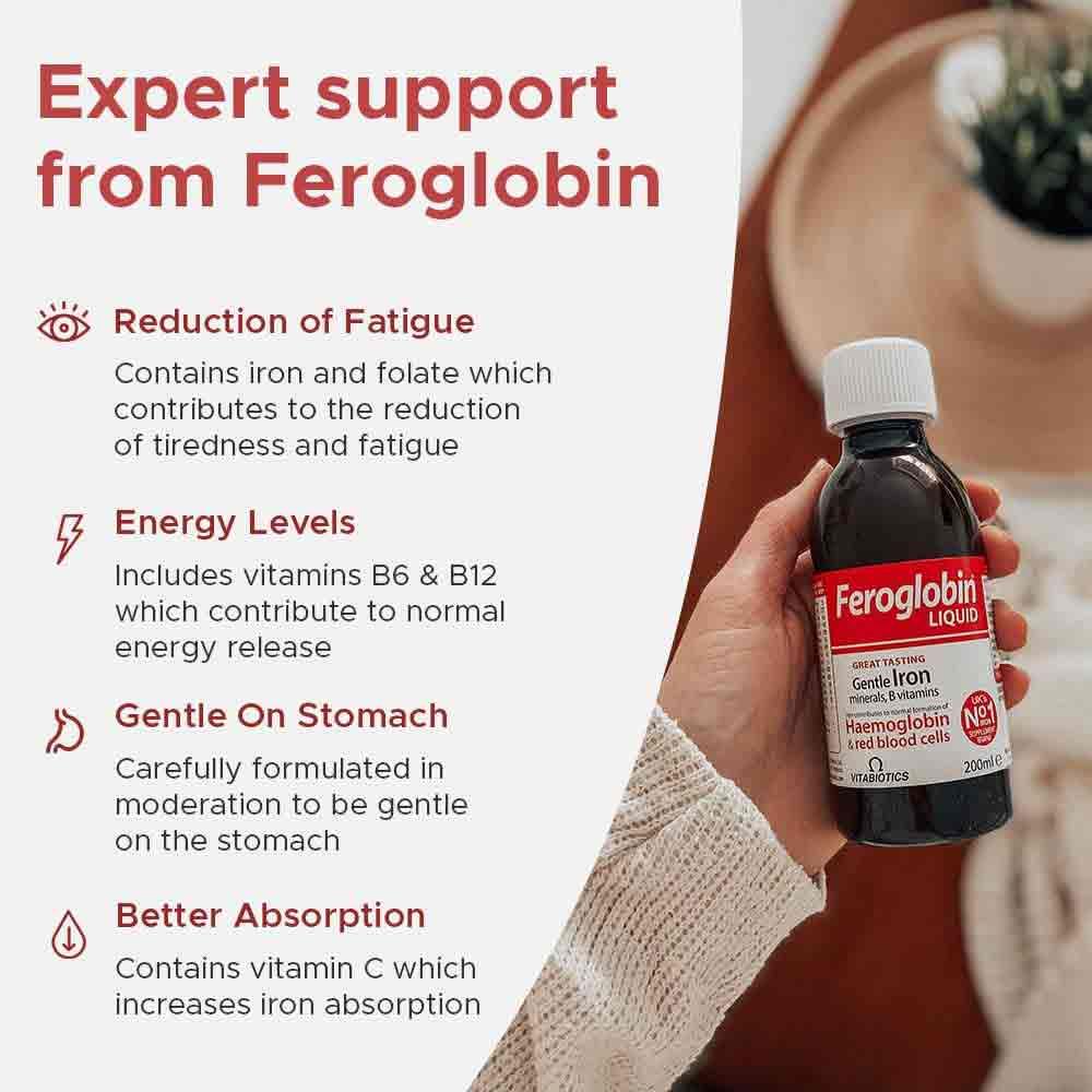 Vitabiotics Feroglobin Liquid Gentle Iron Minerals B Vitamins For Tiredness & Fatigue 200ml - Image 2